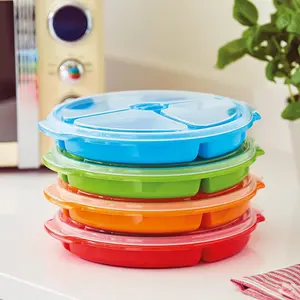 4 x Divided Food Storage Plates - Microwave, Fridge, Freezer & Dishwasher Safe Plastic Plate Set with Sealable Vented Lids