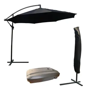 KCT Garden Parasol 3m Large Black Cantilever with Protective Cover and Base