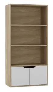 URBNLIVING Height 118Cm 4 Tier Wooden Bookcase Cupboard with Doors Storage Shelving Display Colour Oak Door White Cabinet Unit