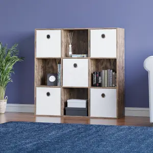 Vida Designs Durham Dark Wood 3x3 Cube Storage Unit & Set of 5 White Foldable Cube Storage Baskets