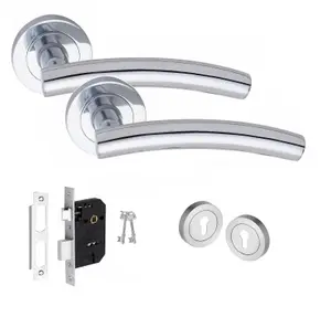 Arched T-Bar Key Lock Door Handle Set Thumbturn and Mortise Lock Polished Chrome