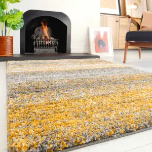 Super Soft Yellow Grey Mottled Striped Shaggy Area Rug 60x110cm