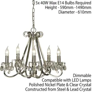 Esher Ceiling Pendant Chandelier Polished Nickel & Crystal Curved 5 Lamp Light