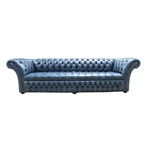 Chesterfield 4 Seater Sofa Buttoned Seat Antique Blue Leather DBB In Balmoral Style