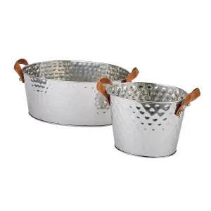 Large Leather Handled Champagne Cooler --Ice Bucket- Leather/Metal - L34 x W55 x H23 cm - Silver