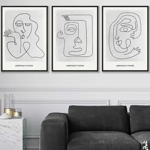 Set of 3 Grey Abstract Line Art Faces Wall Art Prints / 50x70cm / Black Frame