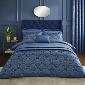 Catherine Lansfield Bedding Art Deco Pearl Embellished Duvet Cover Set with Pillowcases Navy Blue