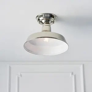 Semi Flush Ceiling Light Fitting - Bright Nickel Plate - Gloss White Inner Shade