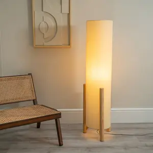 ValueLights Henry Wooden Oak Effect Midi Floor Lamp with Natural Cylinder Shade