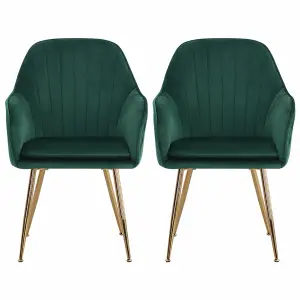 Set of 2 Green Frosted Velvet Dining Chairs Set Kitchen Chair Armchair with Metal Legs