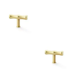 2 PACK - Bamboo T Bar Cupboard Door Knob - 55mm x 38mm - Satin Brass Unit Pull Handle