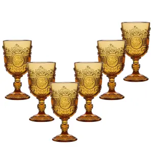 Set of 6 Vintage Luxury Amber Embossed Drinking Wine Glass Goblets 300ml