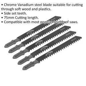 5 Pack of 75mm Chrome Vanadium Steel Jigsaw Blades for Wood Cutting