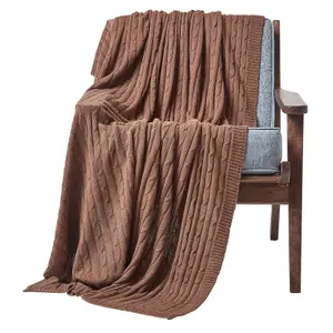 Homescapes Cotton Cable Knit Throw, Chocolate, 150 x 200 cm