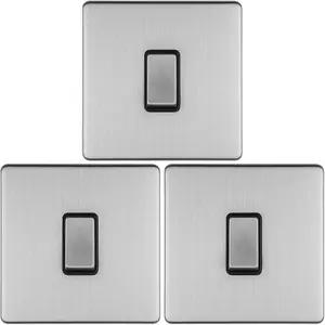 3 PACK 1 Gang Single Light Switch SCREWLESS SATIN STEEL 2 Way 10A Slim Rocker