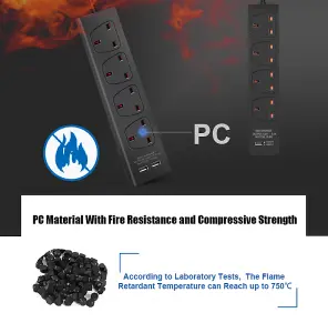 4 Way Socket with Cable 3G1.25,3M,Black,with 2 USB Charger,Child Resistant Sockets