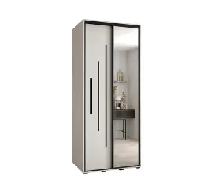 Elegant White Cannes XIII Mirrored Sliding Wardrobe H2050mm W1200mm D600mm with Custom Black Steel Handles and Decorative Strips