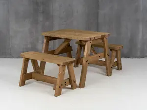 Victoria wooden picnic bench and table set, rounded outdoor dining set (4ft, Rustic brown)