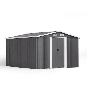 10 x 8 ft Metal Shed Garden Storage Shed Apex Roof Double Door with Base Foundation, Charcoal Black