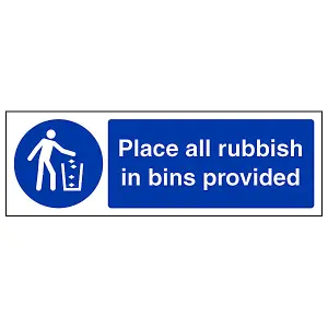 Place All Rubbish In Bins Provided Wastage Sign - Adhesive Vinyl - 600x200mm (x3)