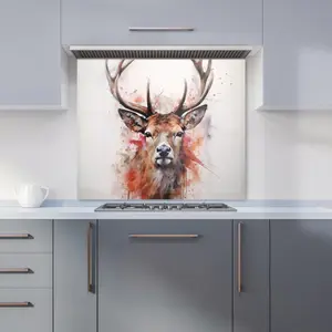 Watercolour Splashart Stag Face Premium Glass Kitchen Splashback W900mm x H650mm