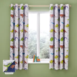 Catherine Lansfield Prehistoric Dinosaurs 66x72 Inch Fully Reversible Two Curtain Panels Natural/Blue