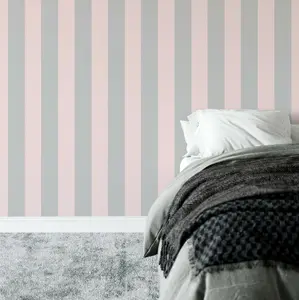 Pale Pink Metallic Silver Bold Lance Stripe Feature Stripes Wallpaper WD0080