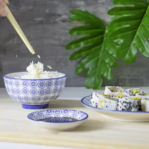 Nicola Spring Hand-Printed Rice Bowl - Japanese Style Porcelain Ramen Dessert Crockery - 12cm - Navy