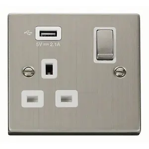 Stainless Steel 1 Gang 13A DP Ingot 1 USB Switched Plug Socket - White Trim - SE Home