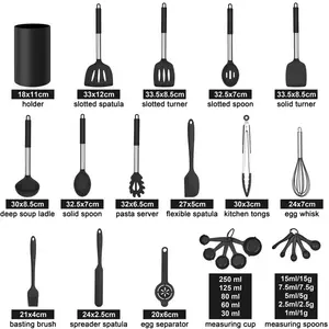 Silicone Kitchen Utensils Set, 25 Pcs Cooking Utensil With Holder, Heat Resistant Kitchen Tools With Stainless Steel Handle For Non-Stick Cookware, Turner Spatula Spoon Tong Brush Whisk, Red Black