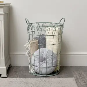 Melody Maison Large Ornate Rustic Sage Green Laundry Storage Basket - 61cm