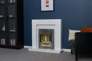 Adam Malmo Fireplace in White & Black/White with Helios Electric Fire in Brushed Steel, 39 Inch