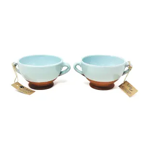 Rustic Pastel Half Dipped Terracotta Kitchen Dining Set of 2 Soup Bowls Duck Egg Blue (Diam) 14.5cm