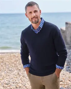 Mens Cashmere & Merino Classic V Neck Knitted Jumper Blue | Woolovers