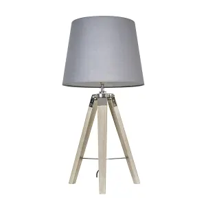 ValueLights Clipper Modern Distressed Wood and Silver Chrome Tripod Table Lamp with Grey Light Shade