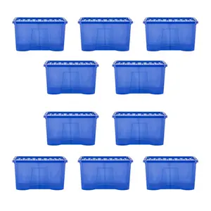 Wham Crystal 10 x 60L Plastic Storage Boxes with Lids. Large Size, Strong. Made in the UK Tint Spectrum Blue