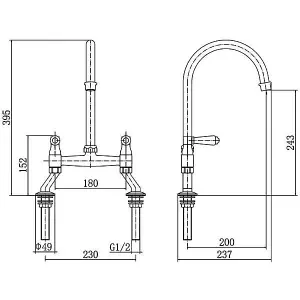 Tre Mercati Bridge Mixer Sink Tap Chrome Kitchen  2 Hole Lever Modern Faucet