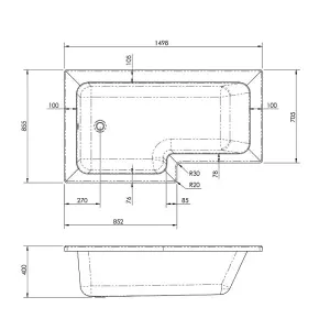 Dezine Cubo 1700 x 850mm L Shaped Left Hand Shower Bath