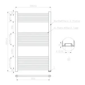 600x1000mm Matt Black Heated Towel Warmer Ladder Rail Radiator