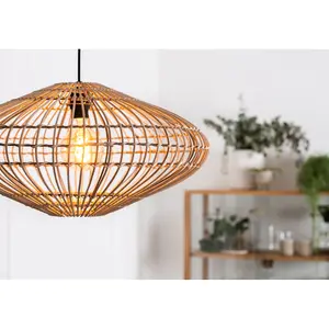 Lucide Magali Scandinavian Rattan Pendant Light 56cm - 1xE27 - Light Wood