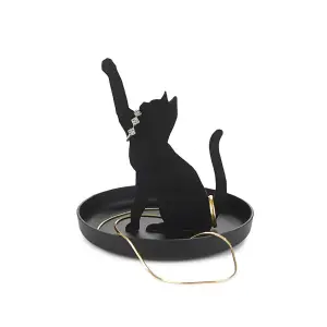 Feline Cat Black Metal Playful Catching Toy Pose Ring Trinket Tray Bowl