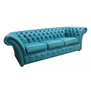 Chesterfield 3 Seater Sofa Settee Shelly Dark Teal Real Leather In Balmoral Style