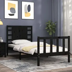 Berkfield Bed Frame with Headboard Black Small Single Solid Wood