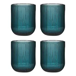 Set of 4 Vintage Luxury Blue Ribbed Short Drinking Glass Whisky Glass Tumbers 270ml