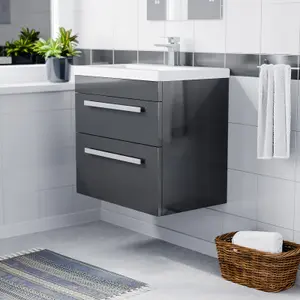 Nes Home Nanuya 600mm Gloss Anthracite Wall Hung 2 Drawer Vanity Cabinet & Basin