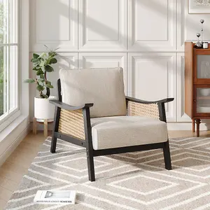 Beige Modern Accent Armchair with Wood Frame Upholstered Rattan Arms Chair for Living Room Bedroom