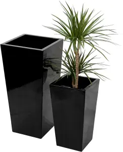 Primrose Black Gel Coat Glossed Plant Pot Tall Flared Square Fibreglass Planter Small 60cm x 34cm