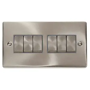 Satin / Brushed Chrome 10A 6 Gang 2 Way Ingot Light Switch - Grey Trim - SE Home