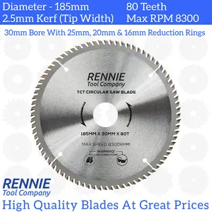 185mm x 80T TCT Circular Wood Saw Blade. Fits Evolution Bosch Makita Ryobi Dewalt Circular Saws Etc