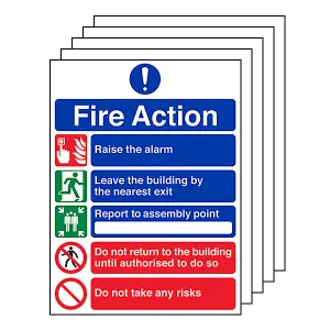 5x FIRE ACTION Safety Sign 5 Point Message Risks - Self-Adhesive - A4